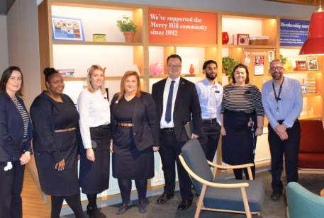 Mike with Branch Manager Katrina Green and other staff at Nationwide Merry Hill